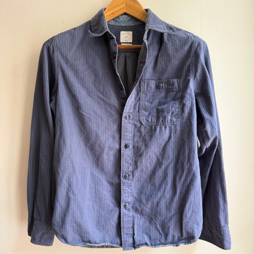 Gap Pinstripe Button Down Work Shirt Navy Blue Small Good